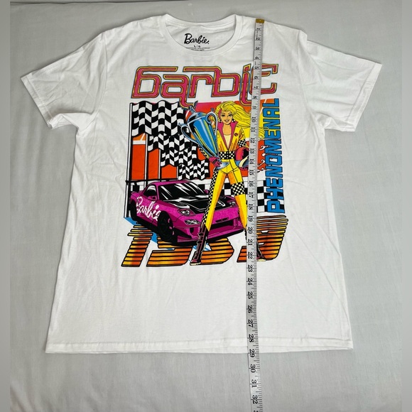 BARBIE Adult T Shirt Racing Phenomenal Short Sleeve White Beautiful NEW Size L - Picture 4 of 4